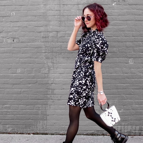 [WhoWhatWear] Puff Sleeve Splatter Print Dress - Picture 1 of 9